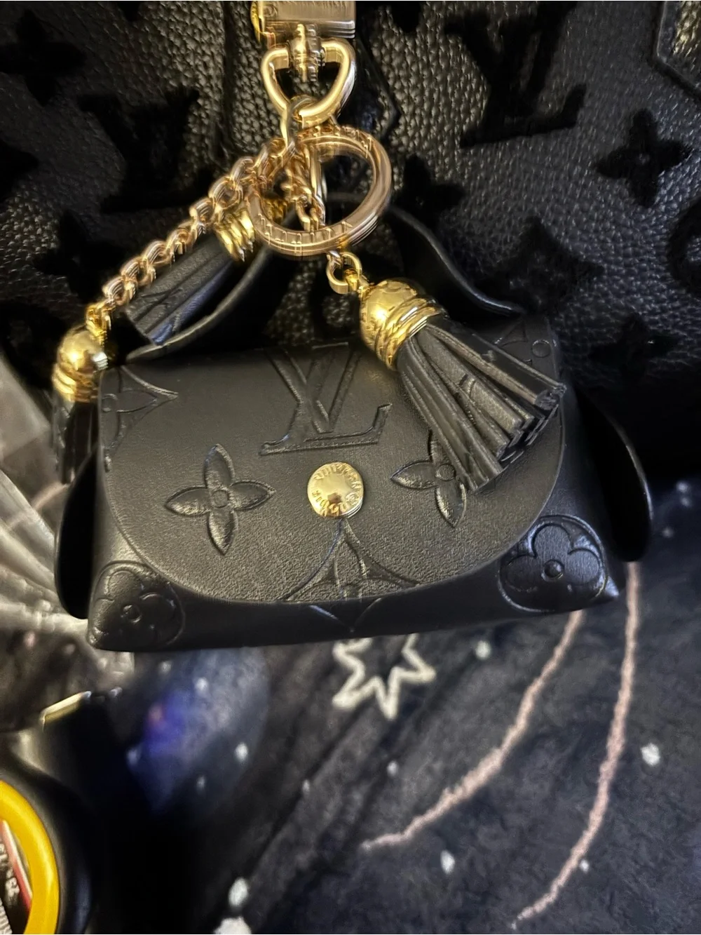 Brand New ! Black Micro Monogram Tassel Charm Keychain